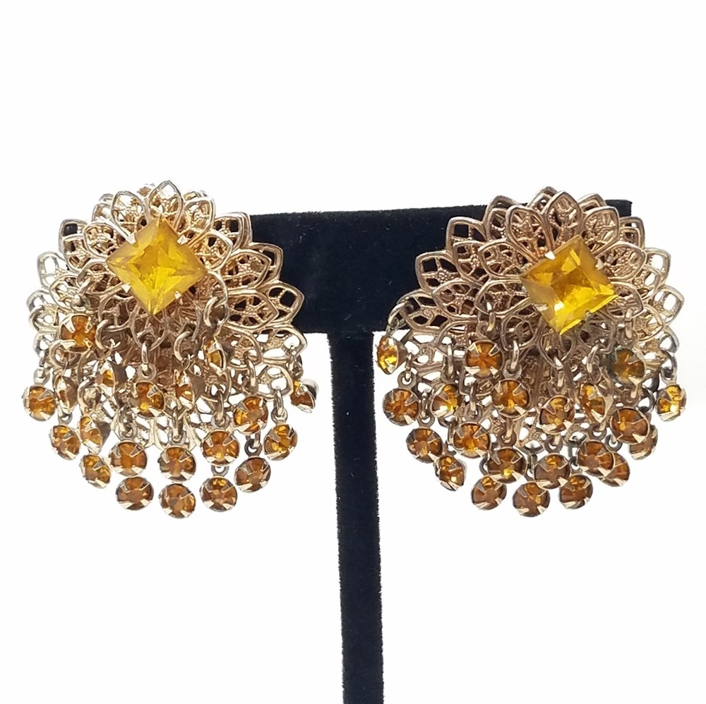 Vtg gold tone filigree Citrine rhinestone clip on
